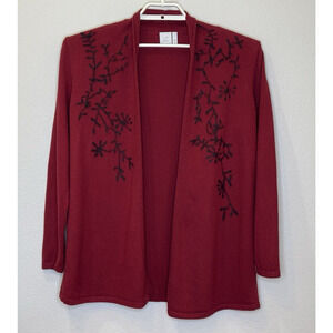J.Jill Open Front Sweater Cardigan Womens Sz Medium Red Black Long Sleeve Knit